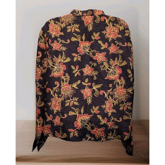 Nomadic Traders Silk Linen Blend Button Up Top Black Red Gold Floral Sz XL - Picture 4 of 6